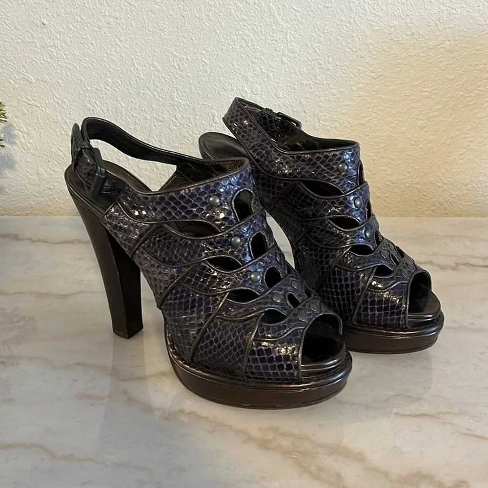 Bottega Veneta Purple Python Embossed Leather Studded Platform Sandals 37 US 7